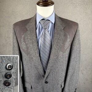Vintage Circle S Mens Western Blazer 44L Gray Tweed Black Yoke Rockabilly Cowboy
